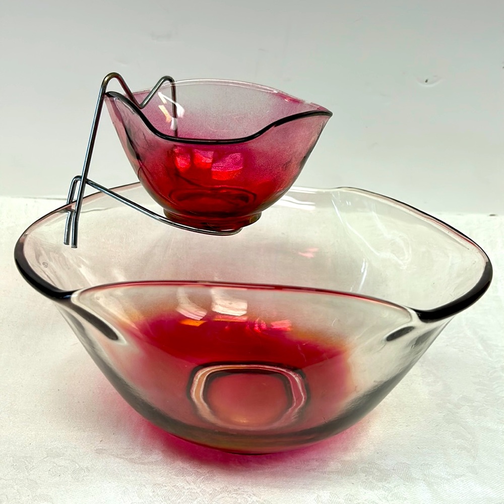 Vintage“ Indiana Glass Co“ cranberry / clear glass 3 piece chip and dip set